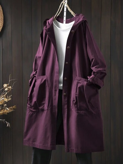 SHEIN LUNE 大码女式纯色长袖连帽长款休闲夹克，带大口袋