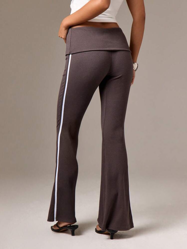 Ribbed Flare Pants With Foldover Waistband