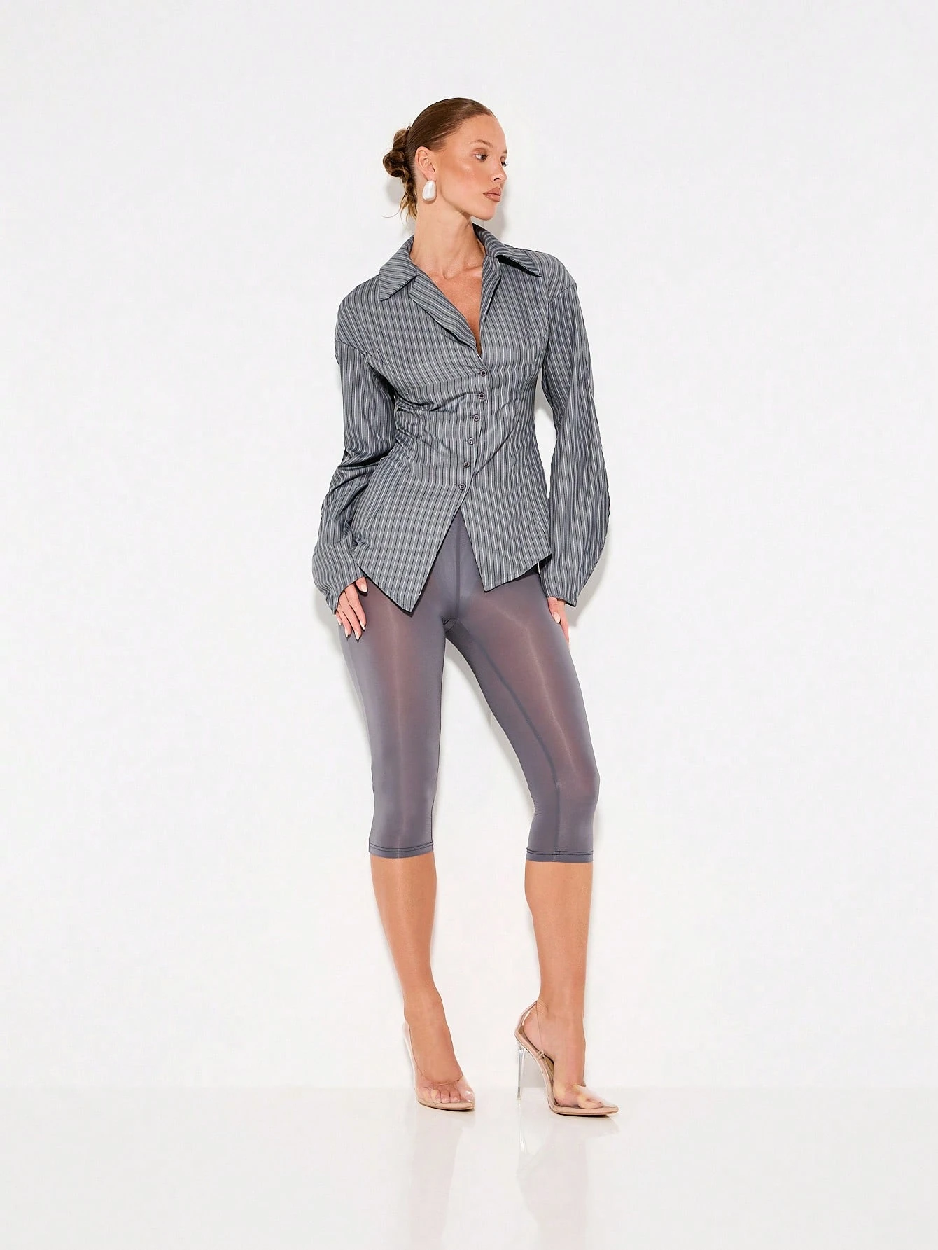 KIZN Pinstriped Button Down Blouse With Puff Sleeves
