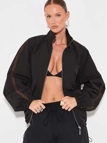 KIZN 女式风衣夹克轻便全拉链运动夹克立领运动外套棕色条纹细节秋季春季时尚休闲街头风格运动时尚 - 黑色 - 查看 4