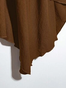 Linhara 大码女式纯色弹性腰部不对称下摆休闲中长裙 - 咖啡棕 - 查看 4