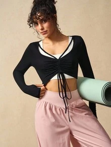 VARSIVA T-shirt de sport ajusté à manches longues avec design à cordon de serrage, couleur unie pour femmes - Noir - Voir 5