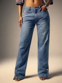 Denimoi 直筒踝开衩纽扣细节牛仔裤 - 淺色水洗藍 - 查看 4