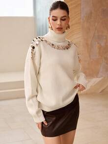 Modelyn Suéter de manga larga con cuello alto, hombros caídos y decoración de lentejuelas hecho a mano de moda para mujer