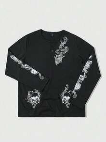 ROMWE MEN Goth Men's Street Dark Skull & Floral English Graphic Print Long Sleeve T-Shirt, Spring/Autumn - Black - View 6