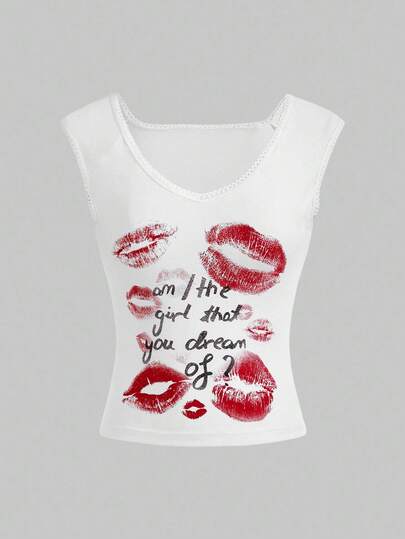 Kawaii Lippen & Slogan Grafik T-Shirt