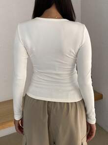 DAZY 女士休闲加厚撞色条纹字母印花T恤，带保暖内衬，秋冬长袖女式上衣，保暖内衬 - 米色 - 查看 2