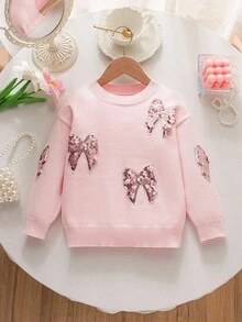 Souflis Souflis Young Girls' New Sparkly Sweaters - Stylish With Sequin Bows, Long-Sleeve, Loose & Versatile, Cute Knit Pullovers,Suitable For Autumn/Winter Fall - Pink - View 3
