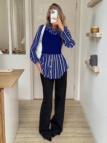 SHEIN LUNE 女士休闲通勤条纹拼布二合一上衣 - 寶藍色 - 查看 5