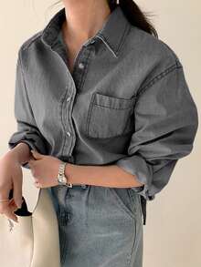 DAZY 浅色水洗牛仔衬衫，翻领和口袋，宽松长袖，春夏秋 - 淺灰色 - 查看 6