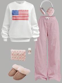 SHEIN 2件套青少年女孩美国国旗印花运动衫和条纹裤休闲装 - 彩色 - 查看 1