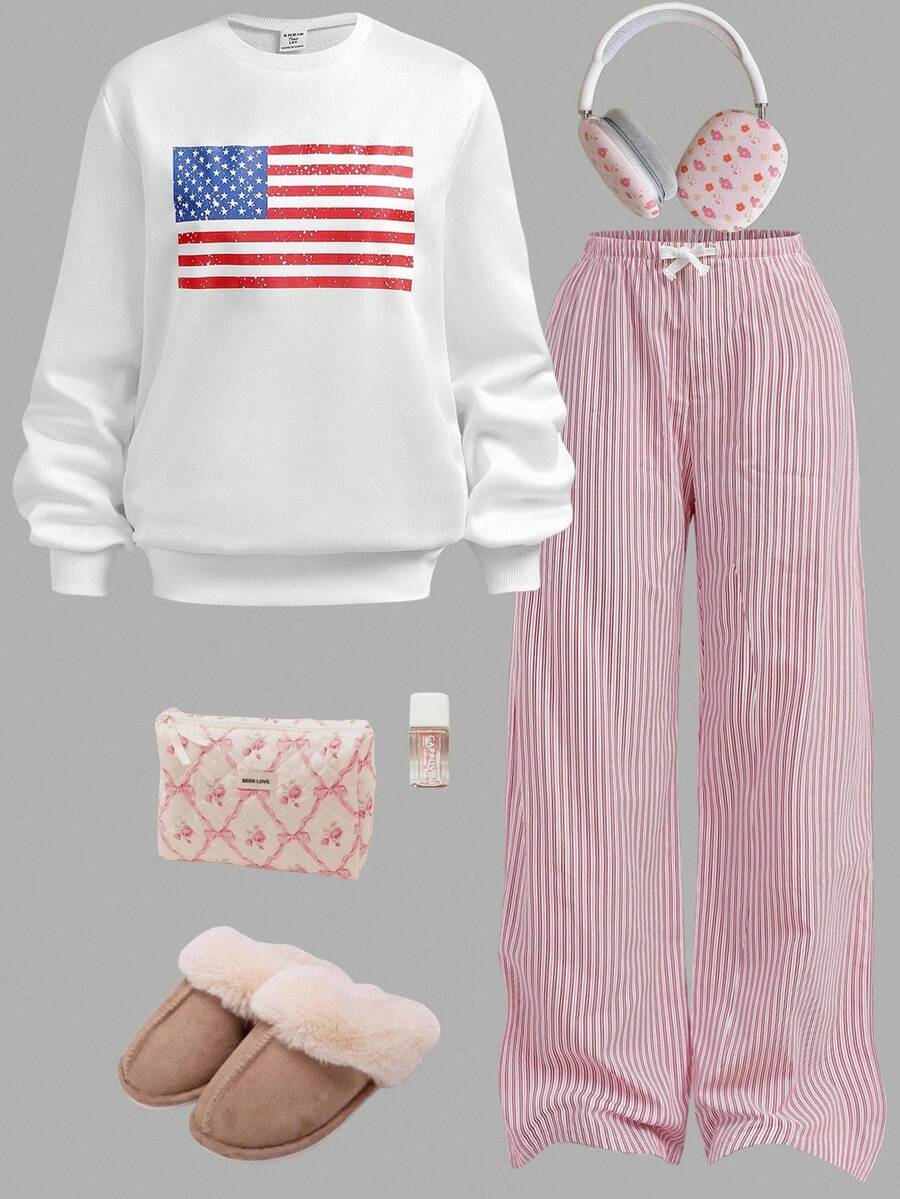 SHEIN 2件套青少年女孩美国国旗印花运动衫和条纹裤休闲装 - 彩色 - 查看 1