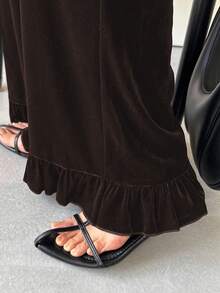 FRIFUL Women's Loose Fit Velvet Fabric Flared Hem Patchwork Maxi Pants, Solid Color, Autumn Ruffle Pants