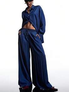 LYSMO Conjunto Casual de 2 Peças com Camisa de Manga Longa com Ombros Caídos e Calça Perna Larga Solta em Cor Sólida, Outono - Azul - Visão 1