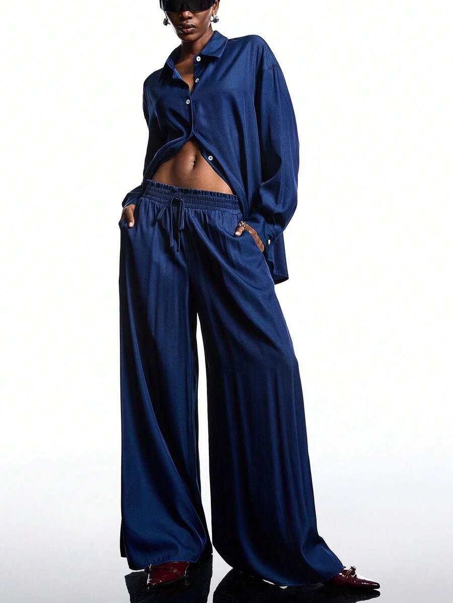 LYSMO Conjunto Casual de 2 Peças com Camisa de Manga Longa com Ombros Caídos e Calça Perna Larga Solta em Cor Sólida, Outono - Azul - Visão 1