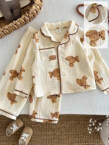 LMoss Kids 2件套男婴编织可爱熊图案翻领开衫和裤子睡衣套装 - 彩色 - 查看 5