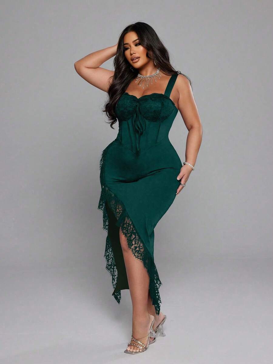 NU&NOW Christmas Plus Size Women Solid Color Lace Patchwork Sexy Elegant Slit Fitted Slip Dress