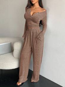 DAZY 2pcs Women Casual Solid Color Half Button Front Fitted Long Sleeve Top And Drawstring Waist Loose Straight Leg Pants Set Tracksuits Women Set Lounge Sets For Women - Coffee Brown - View 2