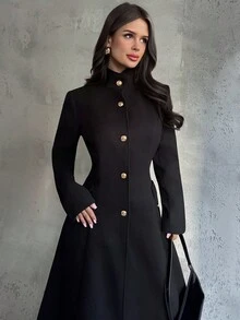 Firerie 女士优雅精致端庄日常通勤都市时尚新时尚街头风格立领金属扣腰部收紧 A 字下摆黑色双面羊毛大衣秋冬女装 - 黑色 - 查看 2