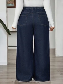 SHEIN CURVE+ 大码纯色休闲宽松牛仔裤 - 藍色 - 查看 3