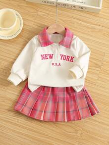 SHEIN 女婴四季合身休闲运动马球领长袖运动衫和格子百褶裙套装 - 玫紅色 - 查看 1