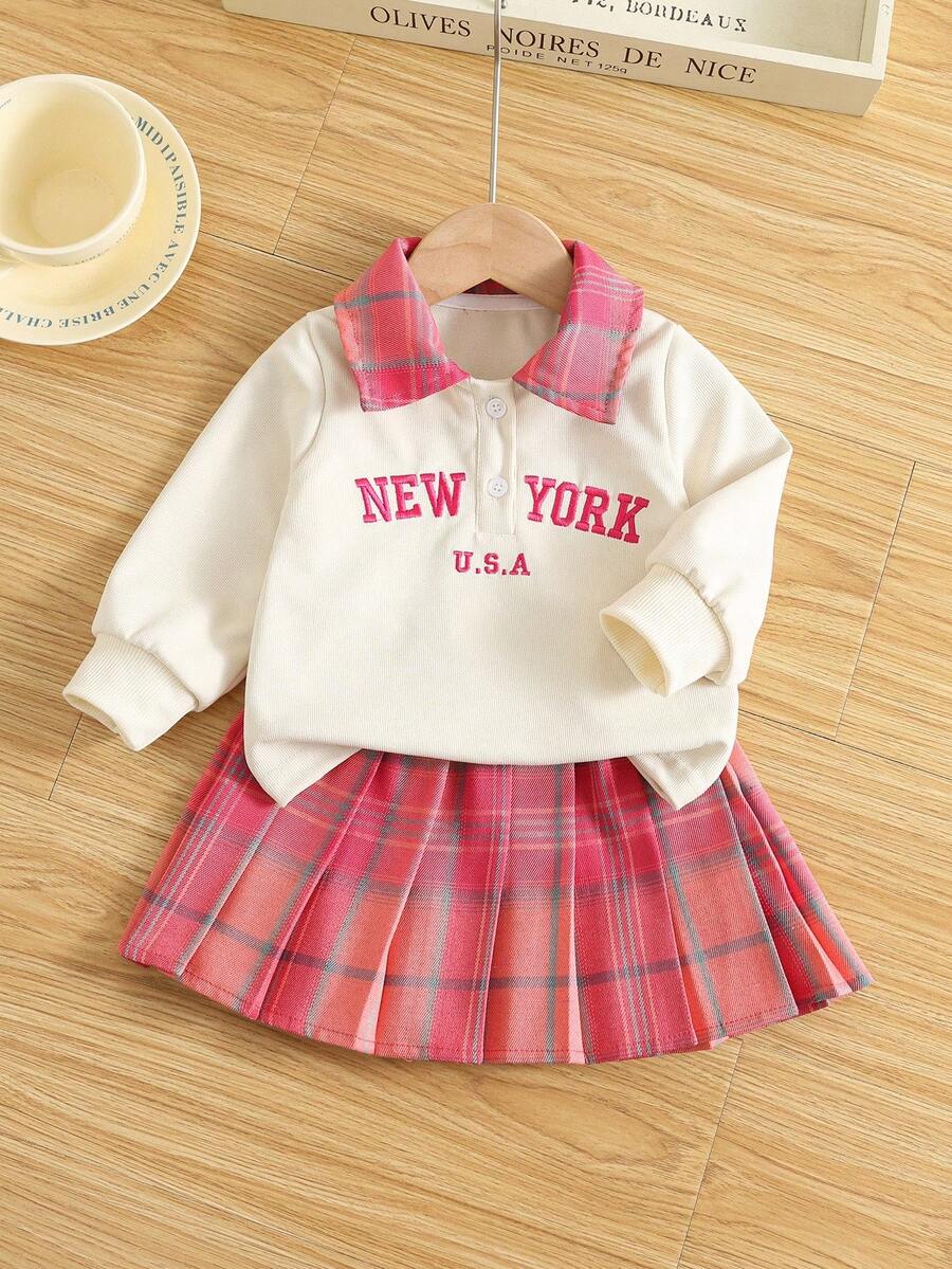 SHEIN 女婴四季合身休闲运动马球领长袖运动衫和格子百褶裙套装 - 玫紅色 - 查看 1
