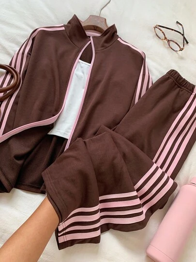 Comfortcana Women's Contrast Stripe Jacket And Pants 2 Pieces Set Brown 2 Piece Set Tracksuit Women Set 2 Piece Lounge Sets Woman,Cozy Fall And Winter Clothes For Women
