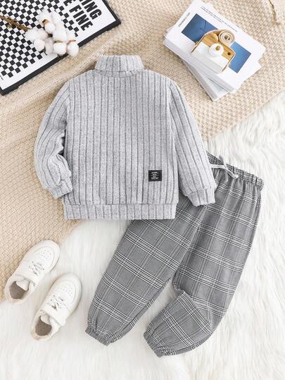 2 件套年轻男童休闲学院风舒适时尚纹理运动衫上衣和格子裤，适合开学第一天，儿童服装，小男孩服装，开学返校，男童套装，男童服装，适合日常穿着、上学、旅行、运动、秋冬季