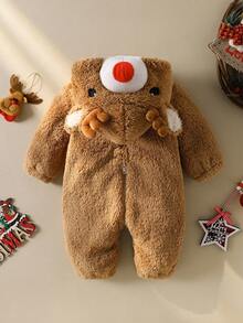 SHEIN Newborn Deer Shaped Outfit, Cute Christmas Deer Horn Plush Long Sleeve Jumpsuit Fall Winter