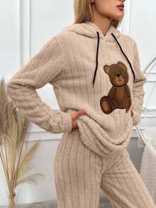 EURMUSE Women's Bear Print Hooded Long Sleeve Sleepwear Top - Camel - View 5
