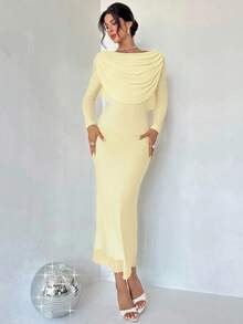 Firerie Women's Elegant Pale Yellow Long-Sleeved Frock Neck Dress,Autumn Dinner Party Outfit,Holiday Wedding Guest Prom Gown,New Year Clothes For Women - White - View 4