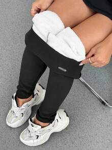 DAZY 高腰保暖内衬修身户外紧身裤，秋季打底裤 - 黑色 - 查看 7