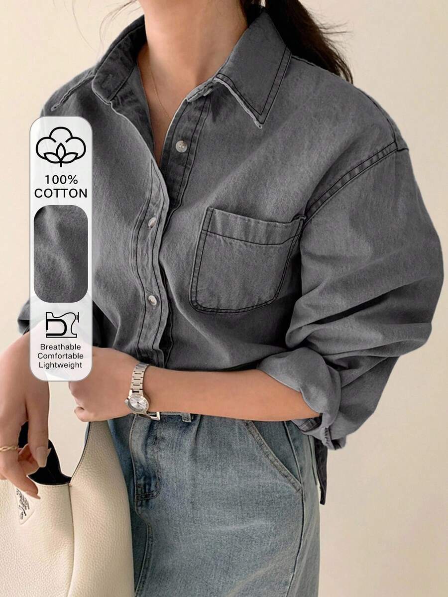DAZY 浅色水洗牛仔衬衫，翻领和口袋，宽松长袖，春夏秋 - 淺灰色 - 查看 1