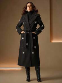 Anewsta Elegant Handcrafted Rhinestone Embellished Classic Double-Breasted Design With Delicate Belt Mid-Length Overcoat, Autumn/Winter - Black - View 4