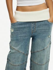 SUMWON WOMEN 棉质高腰宽松阔腿牛仔裤，撞色针织腰带，做旧细节 - 藍色 - 查看 6