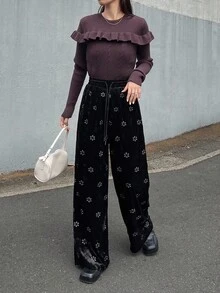 FRIFUL Pantaloni casual larghi in velluto nero con vita elastica e coulisse, con ricamo floreale, versatili per l'autunno - nero - Visualizzare 4