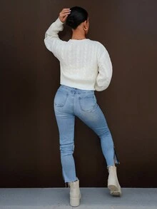 SAYEHFBABY Damen einfarbiger Rundhals Langarm einfacher Pullover, lässig für den täglichen Gebrauch, Langarm Oberteile