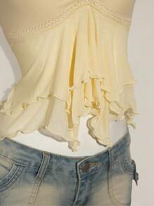 SHEIN ICON 女式褶饰前开襟性感网眼拼接盖袖露背休闲度假短款背心 - 米色 - 查看 3