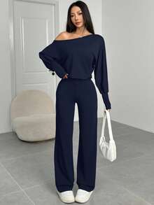 SHEIN EZwear Women's Fashionable Casual Off-Shoulder Long Sleeve Navy Blue Jumpsuit, Autumn