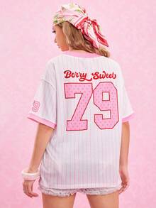 Strawberry Shortcake X SHEIN 女式卡通图案条纹V领短袖T恤，夏季 - 淺粉色 - 查看 2