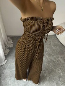 Elenzga 女士荷叶边系带条纹褶皱阔腿连体裤 - 駝色 - 查看 4