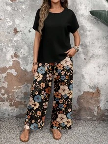 SHEIN LUNE Vintage Casual Romantic Vacation Mature, Black Round Neck Loose Pants Women's Versatile Two Pieces Set, Floral Print Pattern Suitable For Spring And Autumn, Comfortable - Multicolor - View 3