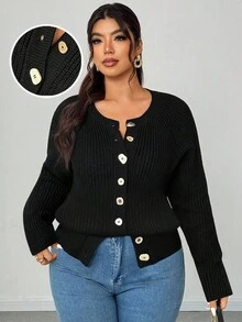 Elenzga Women's Black Cardigan,Autumn Smart Casual Everyday Plus Size Round Neck Raglan Long Sleeve,Sophisticated Design With Asymmetric Buttons,Fitted - Black - View 1
