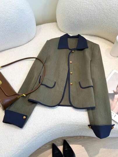 GlowEve 女式秋季撞色翻领长袖单排扣休闲夹克