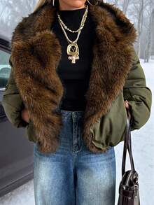 Muchica 绿色毛领女式休闲长袖棉服 - 軍綠色 - 查看 7