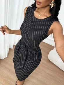 SHEIN Lady 条纹印花扭纹前开襟无袖优雅连衣裙 - 黑色 - 查看 4