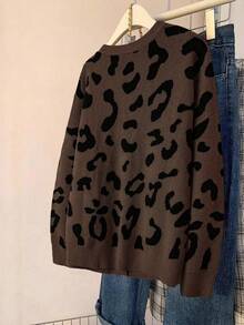 Linhara Plus Size Women Leopard Print Drop Shoulder Long Sleeve Casual Loose Knit Cardigan, Autumn/Winter - Multicolor - View 3