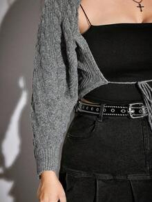ROMWE Plus Size Casual Versatile Slimming Cropped Knit Cardigan, Autumn/Winter - Grey - View 5