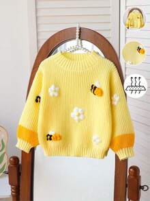 SHEIN Vintaside Kids 1pc Soft, Skin-Friendly, Durable, Anti-Pilling Cute 3D Bee & Flower Decor Vibrant & Adorable Yellow Crew Neck Sweater, Contrast Yellow Sleeve Design, Lightweight Autumn/Winter Girls Sweater, Versatile For Daily, Casual, School, Shopping Occasions Fall