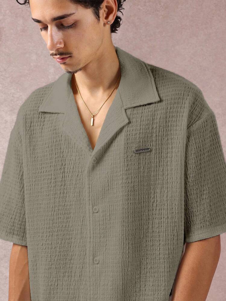 Textured Seersucker Camp Collar Button Down Shirt